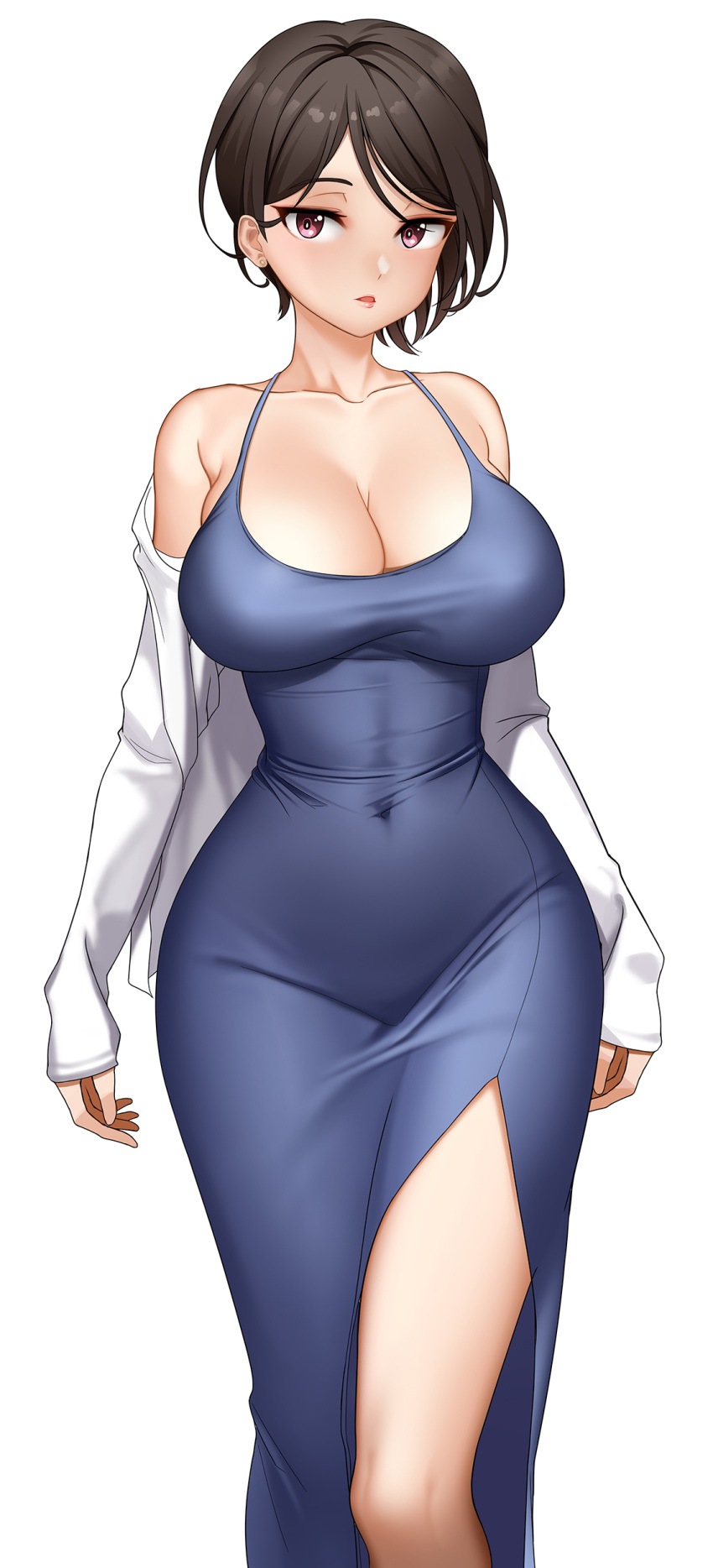 1girl absurdres arms_at_sides bang_dream! bare_shoulders black_hair blue_dress breasts cleavage collarbone commentary covered_navel dopamine70 dress earrings feet_out_of_frame hair_behind_ear halter_dress halterneck highres jewelry large_breasts long_sleeves looking_at_viewer off_shoulder open_clothes open_shirt parted_lips pink_eyes shirt short_hair side_slit simple_background sleeveless sleeveless_dress sleeves_past_wrists solo standing stud_earrings swept_bangs symbol-only_commentary white_background white_shirt yashio_rui