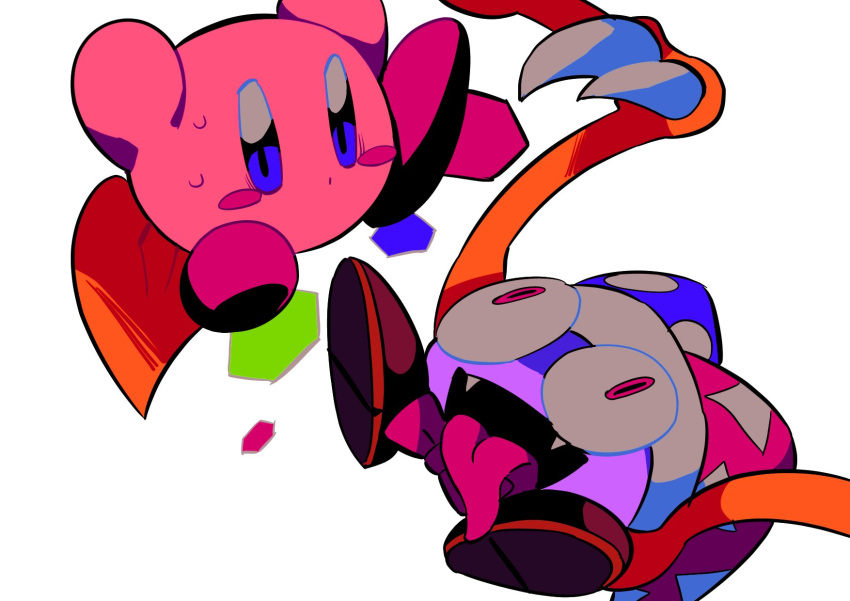 blush_stickers bow bowtie brown_footwear hat highres jester_cap kirby kirby_(series) marx_(kirby) menma_(enaic31) multicolored_clothes multicolored_headwear no_humans open_mouth pink_bow pink_bowtie pink_eyes simple_background sweatdrop tongue tongue_out unusually_open_eyes white_background wings