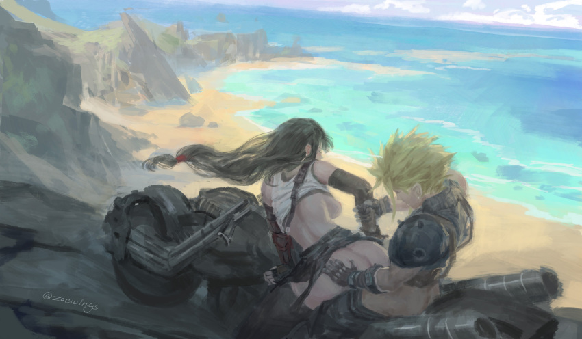 1boy 1girl absurdres arm_grab artist_name ass back backboob bare_shoulders beach bent_over black_gloves black_hair blonde_hair breasts clothed_sex clothes_lift cloud_strife commentary couple elbow_gloves english_commentary final_fantasy final_fantasy_vii final_fantasy_vii_remake fingerless_gloves floating_hair gloves hand_on_another's_ass hetero highres large_breasts long_hair low-tied_long_hair motor_vehicle motorcycle ocean outdoors scenery sex shirt_lift spiked_hair suspenders tifa_lockhart twitter_username zoewingsz