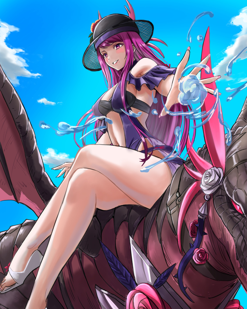 1girl absurdres black_headwear blue_sky blush crossed_legs fire_emblem fire_emblem_engage fire_emblem_heroes flower hat highres ivy_(fire_emblem) ivy_(summer)_(fire_emblem) kurenai_iuna long_hair looking_at_viewer purple_eyes purple_hair sandals sitting sky solo swimsuit