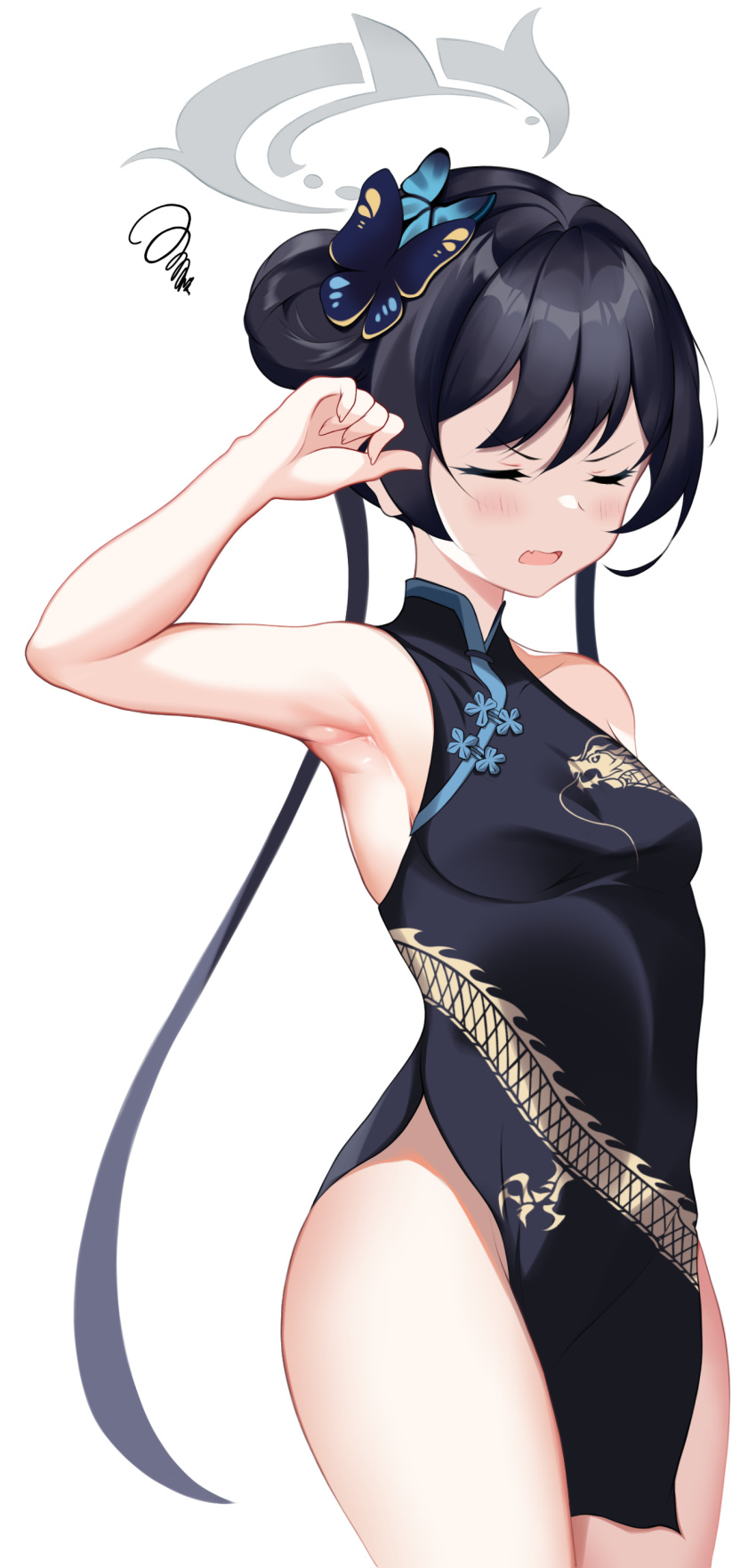 1girl absurdres arm_up armpits bare_arms bare_shoulders black_dress black_hair blue_archive breasts butterfly_hair_ornament china_dress chinese_clothes closed_eyes cowboy_shot dragon_print dress fang hair_bun hair_ornament halo highres kisaki_(blue_archive) long_hair no_jacket no_panties open_mouth pelvic_curtain penguin_uwu print_dress short_dress single_side_bun sleeveless sleeveless_dress small_breasts solo squiggle thighs twintails v-shaped_eyebrows very_long_hair