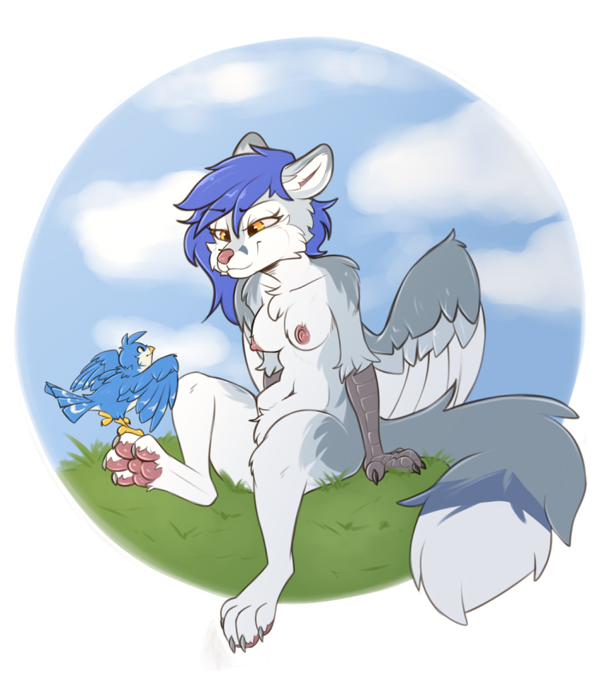 2023 alpha_channel ambiguous_gender anthro arm_support atane27 avian beak bird blue_body blue_feathers blue_hair blue_sky breasts canid canine casual_nudity cheek_tuft chest_tuft circle_background claws cloud crotch_tuft day duo enfield eye_contact facial_tuft feathered_wings feathers female feral fur gabriel_serealia grass grey_claws hair hi_res hybrid larger_anthro looking_at_another mammal navel nude on_foot on_grass on_one_leg orange_eyes pawpads pink_nose pink_pawpads plant portrait scuted_arms scutes simple_background sitting size_difference sky smaller_feral smile spread_wings standing tail_feathers transparent_background tuft white_body white_feathers wings