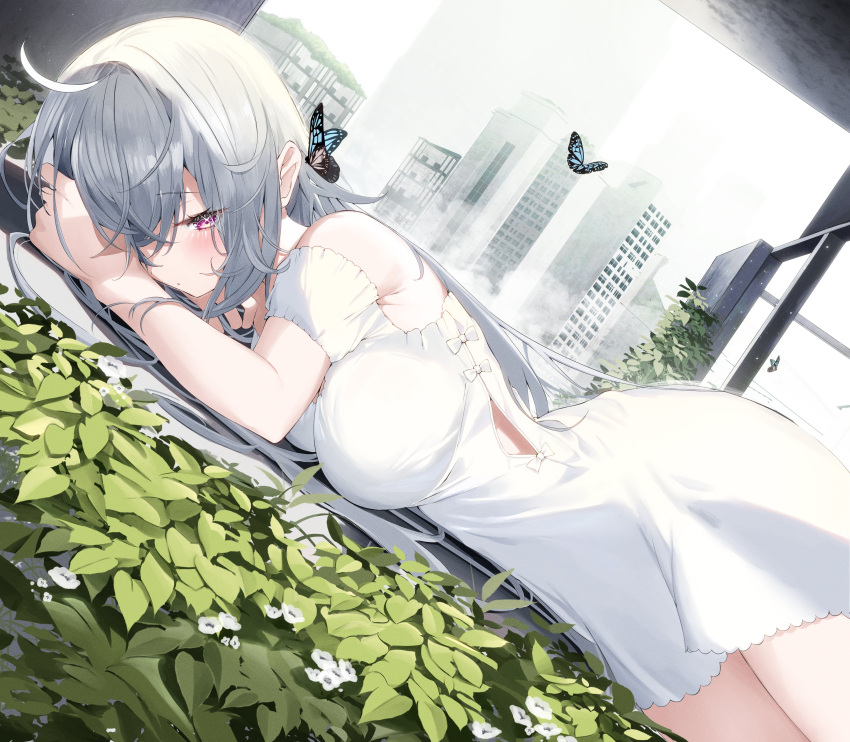 1girl absurdres armpits bare_shoulders blue_butterfly breasts bug building bush butterfly butterfly_on_head clothing_cutout dress grey_hair hair_over_one_eye highres kamioka_shun'ya leaf long_hair lying medium_breasts on_stomach original outdoors pink_eyes puffy_sleeves short_dress shoulder_cutout sky solo sparkling_eyes white_dress white_sky