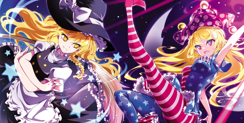 2girls absurdres arm_up blonde_hair braid breasts clownpiece fairy_wings grin hat highres holding holding_weapon jester_cap kirisame_marisa leg_up long_hair looking_at_another medium_breasts mini-hakkero multiple_girls petite puffy_short_sleeves puffy_sleeves purple_eyes raptor7 short_sleeves smile star_(symbol) touhou v-shaped_eyebrows very_long_hair weapon wings witch_hat yellow_eyes