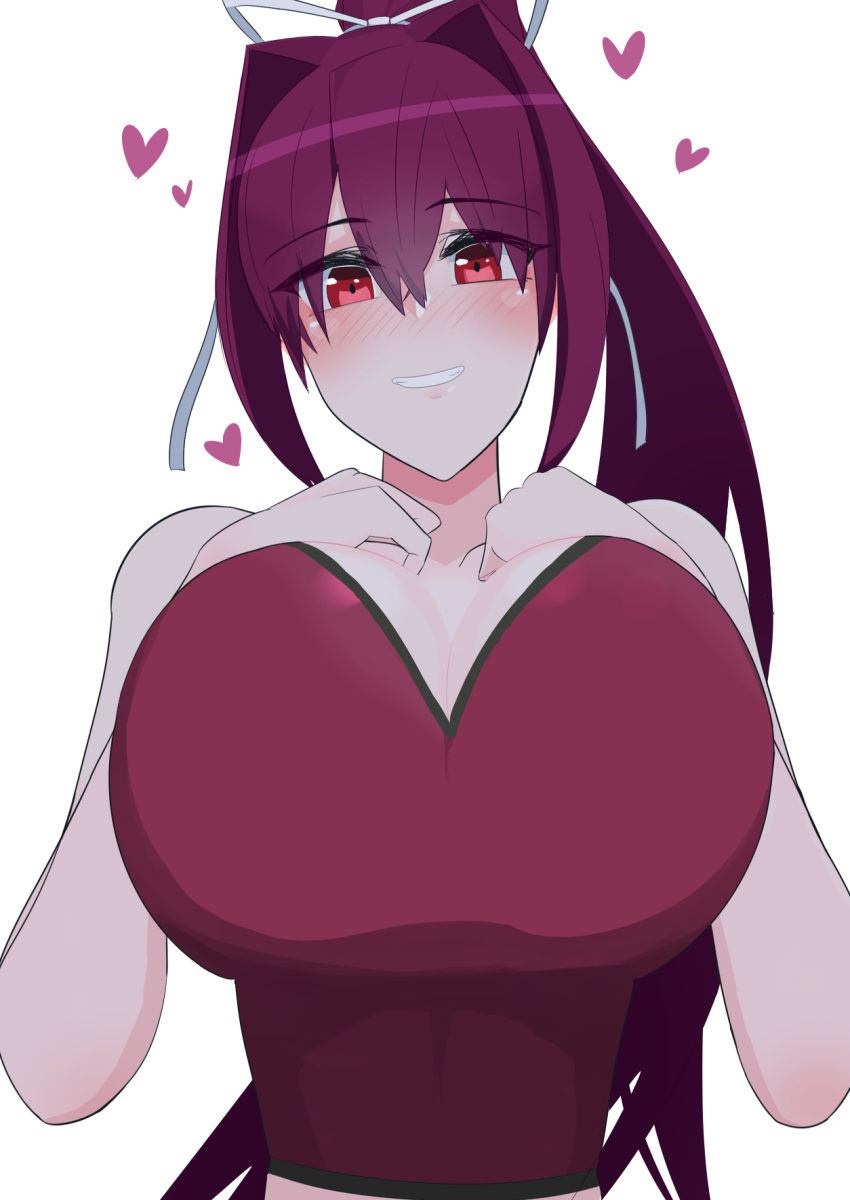 1girl bare_shoulders breast_suppress breasts camisole cleavage crop_top hair_intakes heart highres huge_breasts long_hair looking_at_viewer ponytail purple_hair red_camisole red_eyes ribbon smile solo tsu-mo3 under_night_in-birth very_long_hair white_ribbon yuzuriha_(under_night_in-birth)