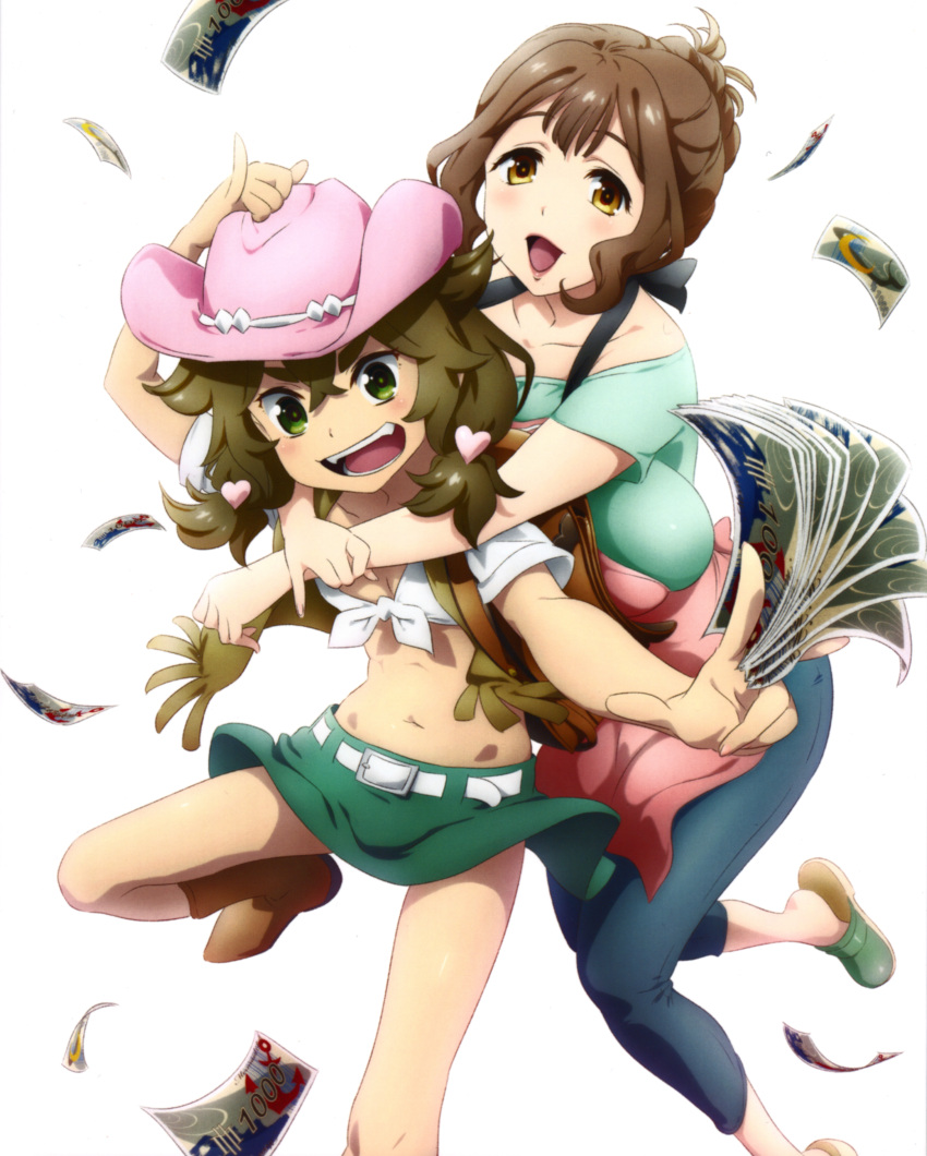 2girls absurdres belt boots breasts brown_eyes brown_hair cover cowboy_hat dvd_cover flat_chest green_eyes hat highres huge_breasts kaneko_hiraku kazami_torino long_hair looking_at_viewer mature_female meifon_sakura multiple_girls navel official_art scan simple_background smile valkyrie_drive valkyrie_drive_-mermaid- white_background yuri