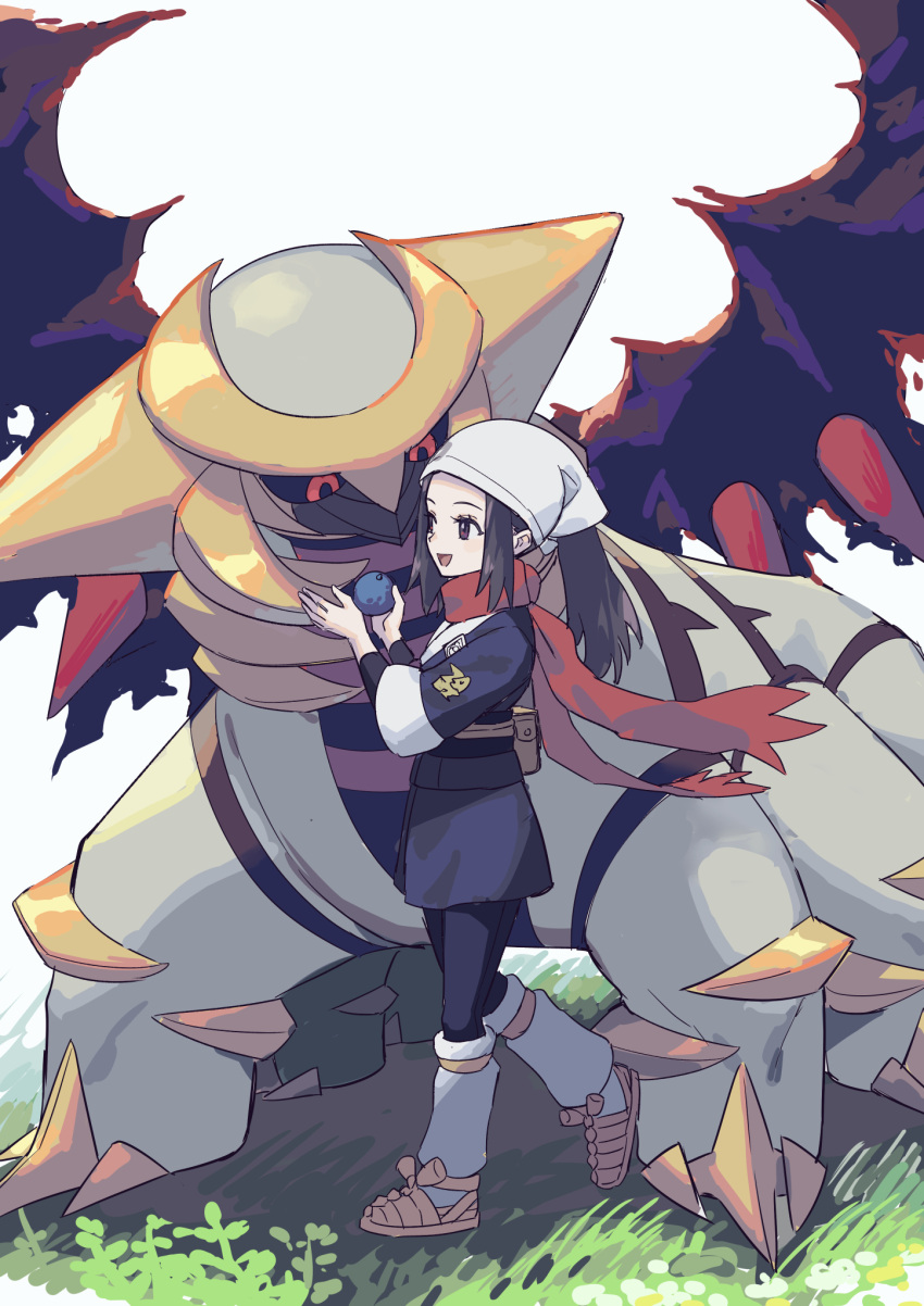 1girl akari_(pokemon) berry_(pokemon) blue_eyes blue_hair commentary_request day elica_dayo giratina head_scarf highres long_hair outdoors pokemon pokemon_(creature) pokemon_(game) pokemon_legends:_arceus red_scarf scarf sidelocks smile wings