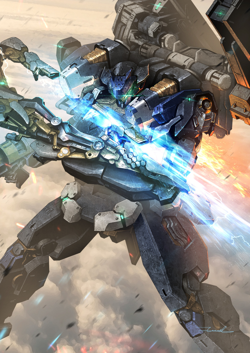 above_clouds absurdres armored_core armored_core_6 cloud commentary_request debris energy_blade english_commentary feet_out_of_frame fighting_stance fire glowing glowing_eyes green_eyes gun highres holding holding_gun holding_weapon legs_apart looking_at_viewer mecha mecha_focus midair mixed-language_commentary no_humans robot science_fiction shoulder_cannon signature solo steel_haze_ortus taka-f weapon