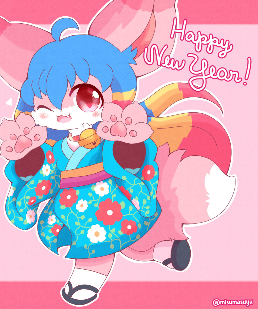 &lt;3 2022 4_fingers 5:6 absurd_res ahoge anthro artist_name asian_clothing bell bell_collar big_ears biped blonde_hair blue_clothing blue_hair blue_kimono blush canid canine clothed clothing collar colored digital_drawing_(artwork) digital_media_(artwork) east_asian_clothing english_text female fingers flower_clothing_pattern footwear fox full-length_portrait fully_clothed_anthro fur hair hi_res holidays japanese_clothing kemono kimono long_hair looking_at_viewer mammal misumasu multicolored_body multicolored_fur multicolored_hair new_year one_eye_closed open_mouth patterned_clothing pawpads paws pink_background pink_body pink_ears pink_fur pink_hair pink_tail portrait raised_hand raised_paw red_eyes sakura_(misumasu) sandals shaded simple_background smile socks solo standing sumichisuu tail text tuft two_tone_body two_tone_fur white_body white_clothing white_footwear white_fur white_socks white_tail wink