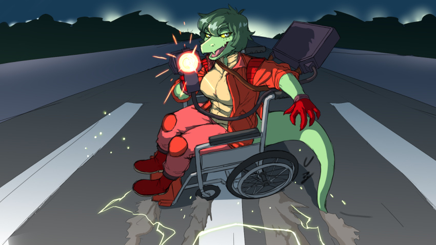 16:9 5_fingers action_pose akira_(film) alligator alligatorid anthro boots breasts clothing colored crocodilian disability female fingers footwear gloves green_body green_hair green_scales grey_eyes gun hair handwear hi_res highway holding_gun holding_object holding_weapon i_wani_hug_that_gator jacket knee_pads laser_gun long_tail looking_at_viewer olivia_(iwhtg) open_mouth paraplegic plantigrade pointing_gun pose prometheuzone pupils ranged_weapon reptile scales scalie shirt sitting slit_pupils solo tail tongue topwear weapon wheelchair widescreen yellow_sclera