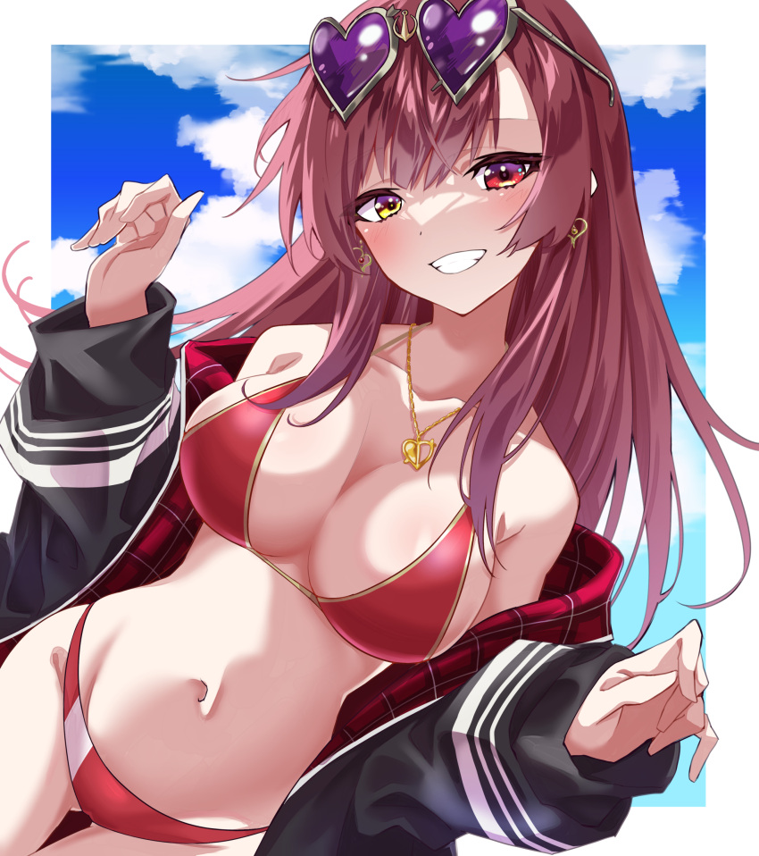 1girl absurdres arrow_through_heart bikini black_jacket breasts cleavage earrings eyewear_on_headwear halterneck heart heart-shaped_eyewear heart_earrings heart_necklace heterochromia highres hiyashinssu hololive houshou_marine houshou_marine_(4th_costume) jacket jewelry large_breasts long_hair looking_at_viewer navel necklace o-ring o-ring_thigh_strap official_alternate_costume official_alternate_hair_length official_alternate_hairstyle red_bikini red_eyes red_hair smile solo straight_hair string_bikini sunglasses swimsuit thigh_strap very_long_hair virtual_youtuber yellow_eyes