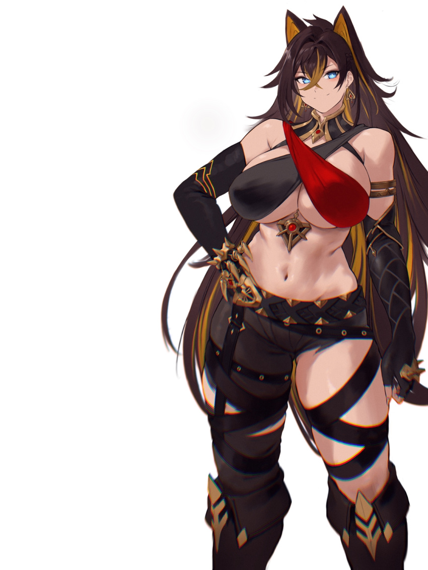 1girl arm_armor arm_at_side armlet asymmetrical_clothes bare_shoulders black_footwear black_gloves black_pants blue_eyes breasts brown_hair closed_mouth criss-cross_halter crossed_bangs dark-skinned_female dark_skin dehya_(genshin_impact) elbow_gloves gem genshin_impact gloves hair_between_eyes hair_ears halterneck hand_on_own_hip highres huge_breasts long_hair looking_at_viewer multicolored_hair navel pants pointy_hair red_gemstone rowkiba simple_background single_pantsleg smile solo standing streaked_hair torn_clothes torn_pants two-tone_hair very_long_hair