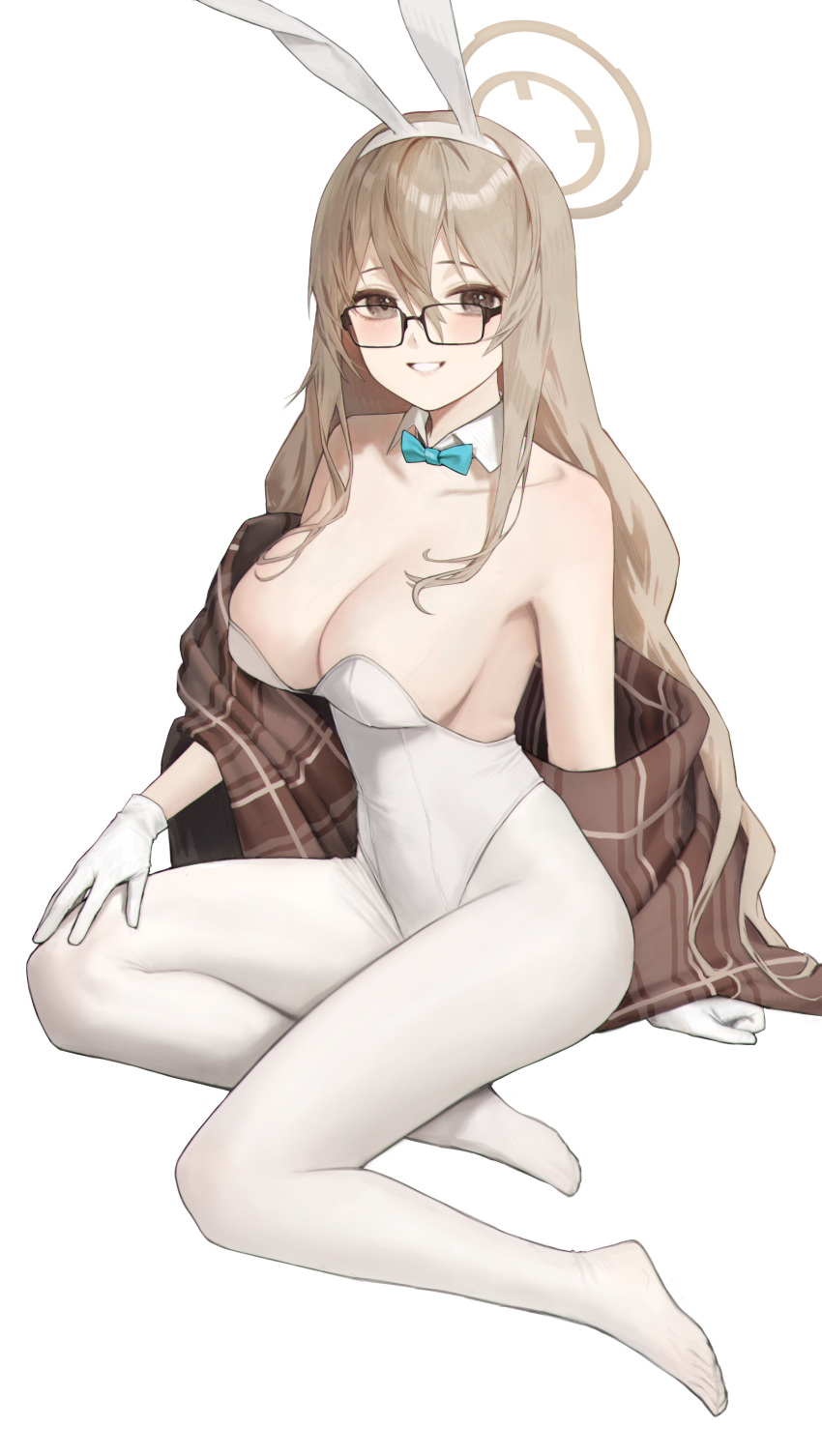1girl absurdres akane_(blue_archive) akane_(bunny)_(blue_archive) animal_ears aqua_bow aqua_bowtie black-framed_eyewear blue_archive blush bow bowtie breasts brown_eyes brown_shawl cleavage collarbone commentary detached_sleeves fake_animal_ears full_body glasses gloves hair_between_eyes hairband halo hand_on_own_thigh highleg highleg_leotard highres kir_(khw66136132) large_breasts leotard light_brown_hair long_hair looking_at_viewer no_shoes official_alternate_costume panties plaid_shawl playboy_bunny rabbit_ears shawl sidelocks simple_background sitting solo strapless strapless_leotard underwear white_background white_gloves white_hairband white_leotard white_panties yokozuwari