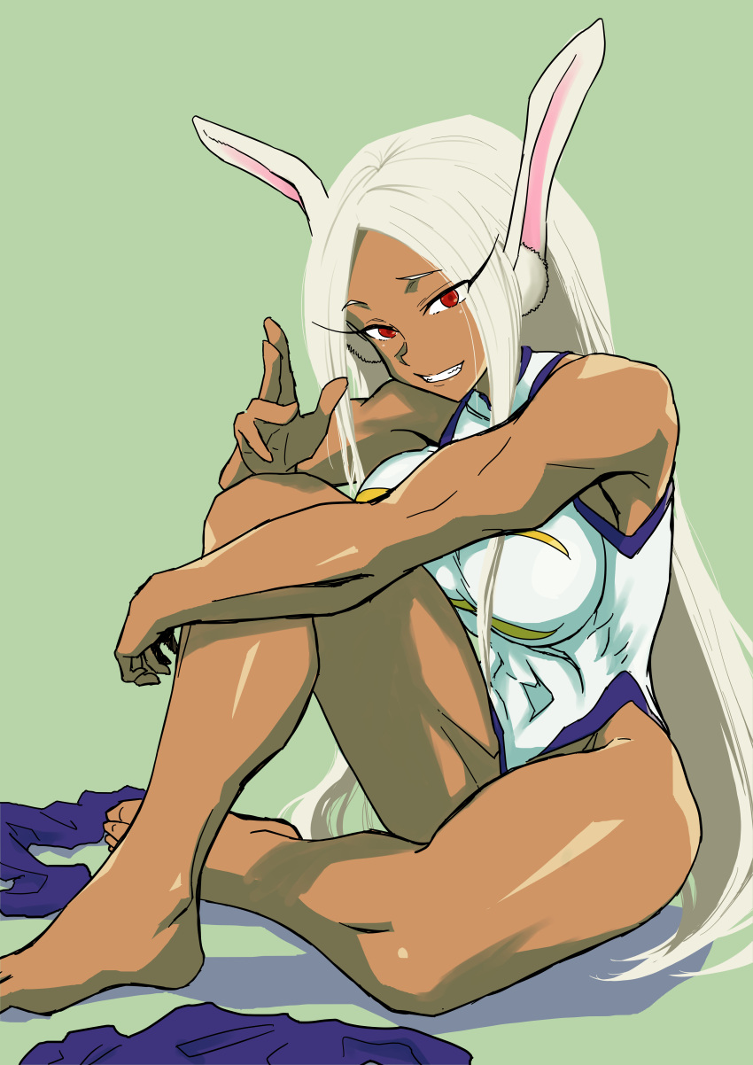 1girl absurdres animal_ears bare_arms bare_legs bare_shoulders barefoot boku_no_hero_academia breasts child_flame crescent_print dark-skinned_female dark_skin full_body green_background hand_up highleg highleg_leotard highres knee_up large_breasts leotard long_eyelashes long_hair looking_at_viewer mirko muscular muscular_female parted_bangs purple_thighhighs rabbit_ears rabbit_girl raised_eyebrows red_eyes sitting sleeveless_turtleneck_leotard smile solo taut_leotard thighhighs thighhighs_removed thighs white_hair white_leotard