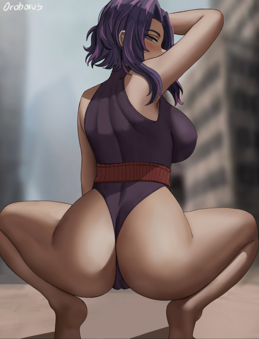 1girl arm_up artist_name ass ass_focus back bare_arms bare_legs bare_shoulders barefoot belt blurry blurry_background blush boku_no_hero_academia breasts building cameltoe city day feet_out_of_frame from_behind highres impossible_clothes impossible_leotard lady_nagant large_breasts leotard looking_at_viewer looking_back medium_hair multicolored_hair oroborus outdoors pink_hair purple_hair purple_leotard sash short_hair_with_long_locks sidelocks sleeveless solo spread_legs squatting streaked_hair