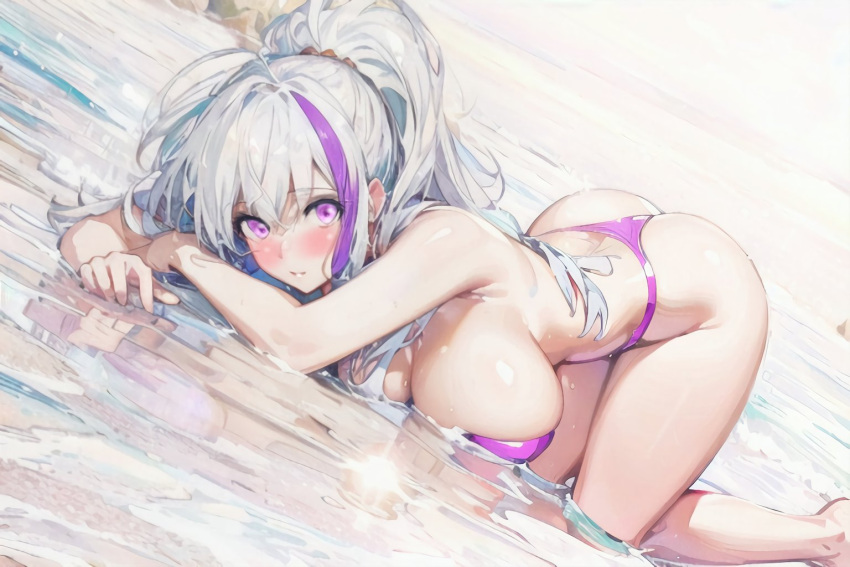 artist_request azur_lane bikini blush breasts grey_hair large_breasts looking_at_viewer multicolored_hair ponytail purple_bikini purple_eyes purple_hair reflection streaked_hair swimsuit top-down_bottom-up unzen_(azur_lane) unzen_(sojourn_through_clear_seas)_(azur_lane)