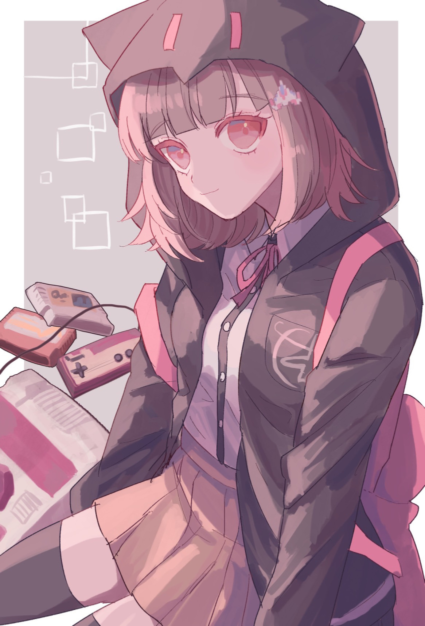 1girl black_jacket black_thighhighs breasts brown_skirt cartridge closed_mouth controller danganronpa_(series) danganronpa_2:_goodbye_despair dress_shirt galaga hair_ornament highres hood hood_up hooded_jacket ibushi_(kuyuru_29) jacket long_sleeves medium_breasts medium_hair miniskirt nanami_chiaki neck_ribbon open_clothes open_jacket pink_eyes pleated_skirt ribbon shirt skirt smile solo thighhighs