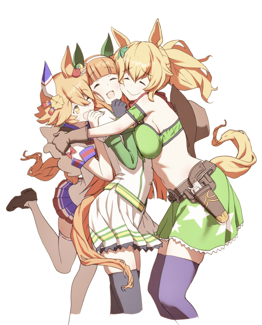 +_+ 3girls absurdres animal_ears bandeau belt blonde_hair breast_press breasts brown_footwear brown_gloves brown_headwear brown_thighhighs closed_eyes closed_mouth clover_hair_ornament cropped_legs ear_covers girl_sandwich gloves green_skirt gun hair_ornament hairband hand_on_another's_shoulder highres holster holstered horse_ears horse_girl horse_tail hug jacket large_breasts matikanefukukitaru_(umamusume) midriff miniskirt multiple_girls navel one_eye_closed oono_tsutomu open_mouth orange_hair ponytail purple_thighhighs revolver sandwiched shirt shoes short_hair silence_suzuka_(umamusume) simple_background skirt smile standing standing_on_one_leg star_(symbol) star_hair_ornament taiki_shuttle_(umamusume) tail thighhighs umamusume weapon white_jacket white_shirt white_skirt white_thighhighs yellow_eyes