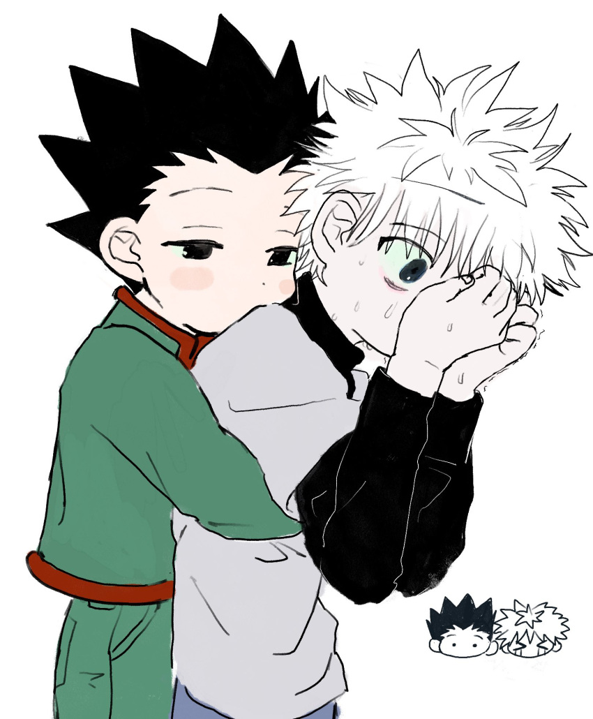 &gt;_&lt; 186x6 2boys black_hair comforting cowboy_shot gon_freecss green_shirt grey_shirt highres hug hug_from_behind hunter_x_hunter killua_zoldyck male_focus multiple_boys shirt short_hair simple_background spiked_hair sweat white_background white_hair