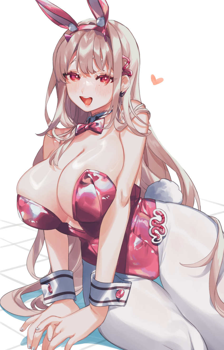 1girl absurdres animal_ears ass bare_shoulders bow bowtie breasts crow_3434 earrings fake_animal_ears fake_nails fake_tail goddess_of_victory:_nikke high_heels highleg highleg_leotard highres jewelry knees_up large_breasts leotard light_blush light_brown_hair long_hair mole mole_under_eye nail_art pantyhose pink_bow pink_bowtie pink_eyes pink_footwear pink_horns pink_leotard pink_nails playboy_bunny rabbit_ears rabbit_tail see-through sidelocks single_earring sitting smile solo strapless strapless_leotard tail thighs very_long_hair viper_(nikke) viper_(toxic_rabbit)_(nikke) wrist_cuffs