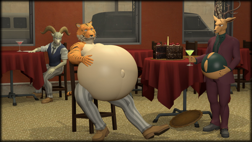 3d_(artwork) anthro beastars belly belly_expansion belly_inflation belly_stuffing big_belly bill_(beastars) bloated bovid cake candy caprine chocolate chocolate_cake deer dessert digital_media_(artwork) expansion felid fernkarrythewolf food group hi_res inflation louis_(beastars) male mammal pantherine pina_(beastars) sheep source_filmmaker stuffing tiger trio