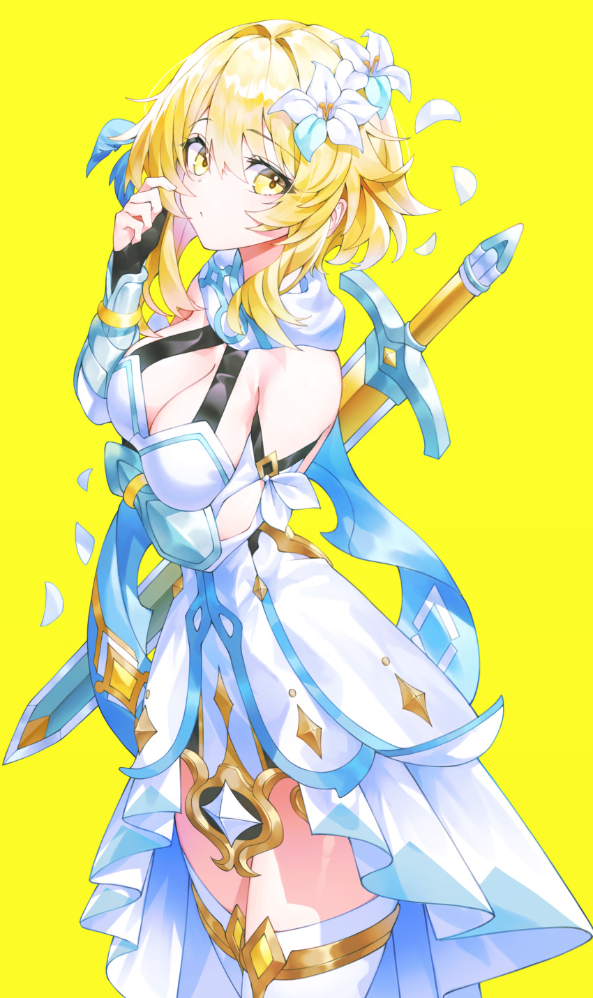 1girl absurdres arm_under_breasts armor armored_dress bare_shoulders blonde_hair breasts cleavage commentary cowboy_shot detached_sleeves dress elbow_gauntlets flower frilled_dress frills genshin_impact gold_trim hair_flower hair_intakes hair_ornament hand_up highres indol looking_at_viewer lumine_(genshin_impact) medium_breasts scarf short_hair_with_long_locks simple_background solo sword sword_on_back thighhighs weapon weapon_on_back white_dress white_flower white_scarf white_thighhighs yellow_background yellow_eyes