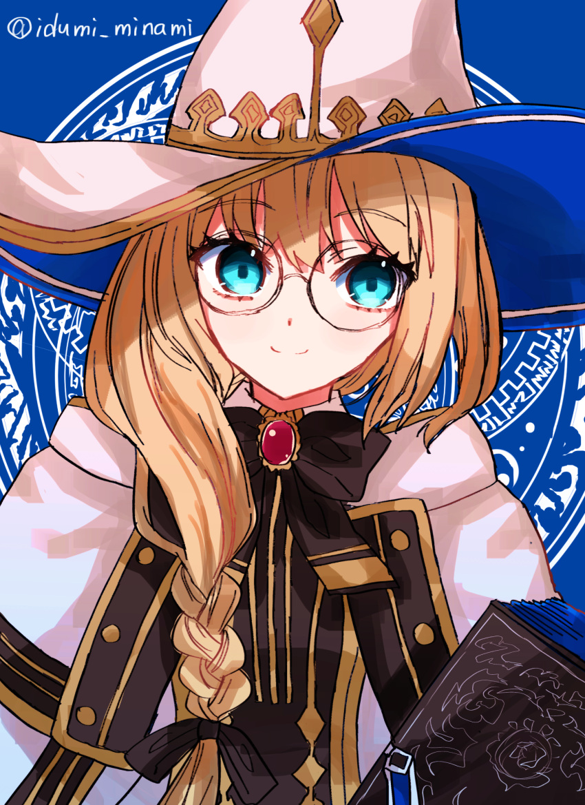 1girl blonde_hair blue_eyes book bow bowtie braid commentary_request fate/grand_order fate_(series) glasses hair_between_eyes hat highres izumi_minami long_hair smile solo tonelico_(fate) twitter_username upper_body watermark witch_hat