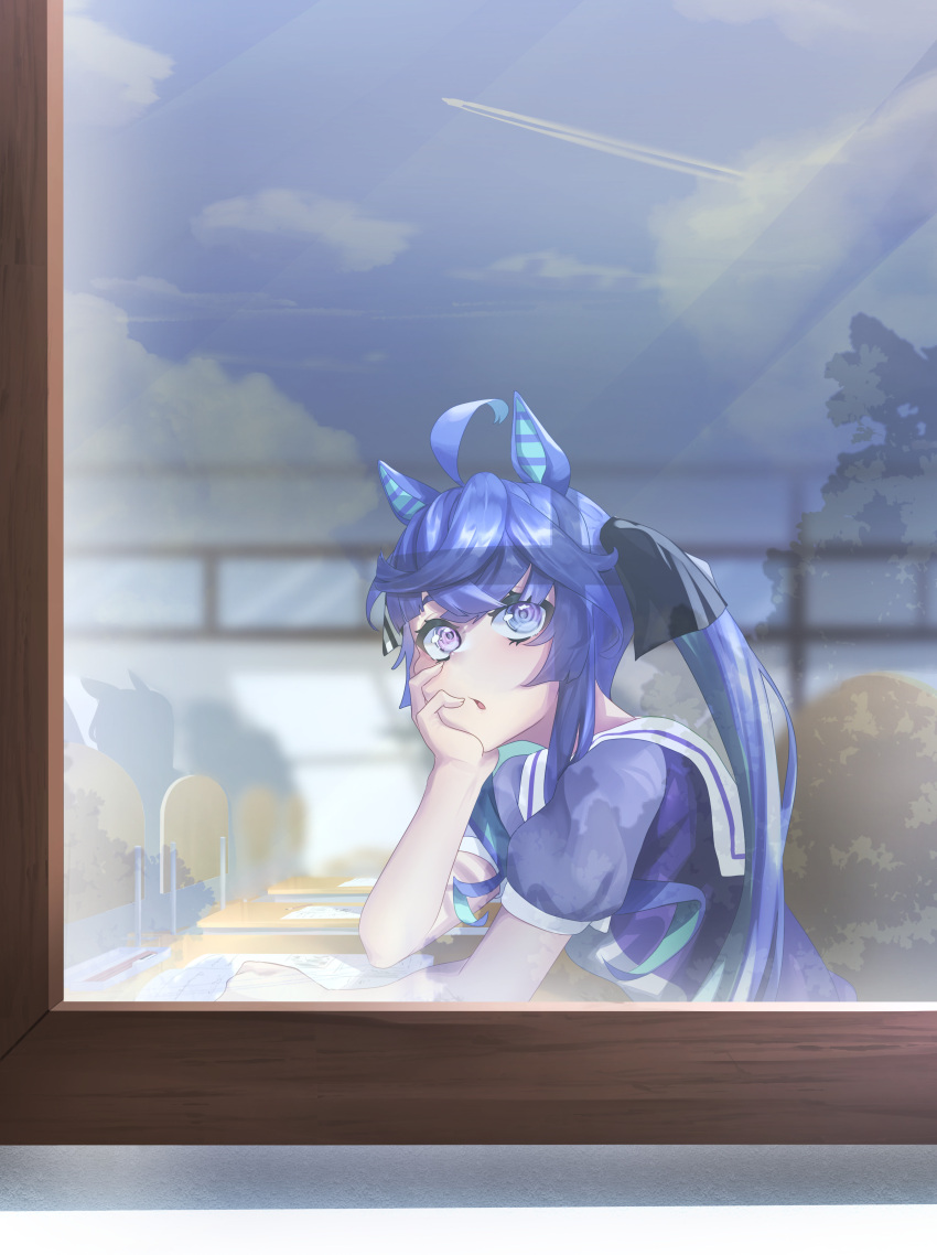 1girl absurdres ahoge animal_ears black_ribbon blue_eyes blue_hair blue_sky chair chenofil classroom cloud cloudy_sky commentary contrail crossed_bangs desk elbow_rest hair_ribbon head_rest heterochromia highres horse_ears horse_girl indoors leaning_forward long_hair looking_at_viewer looking_outside open_mouth puffy_short_sleeves puffy_sleeves purple_eyes purple_shirt ribbon sailor_collar school_chair school_desk school_uniform shirt short_sleeves sitting sky solo tracen_school_uniform twin_turbo_(umamusume) twintails umamusume white_sailor_collar window