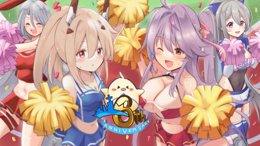 ayanami_(azur_lane) azur_lane breasts casablanca_(azur_lane) cheerleader closed_eyes grenville_(azur_lane) grey_hair highres large_breasts light_brown_hair long_hair medium_breasts navel pink_hair pom_pom_(cheerleading) ponytail prinz_heinrich_(azur_lane) purple_eyes red_eyes side_ponytail smile tonchinkan