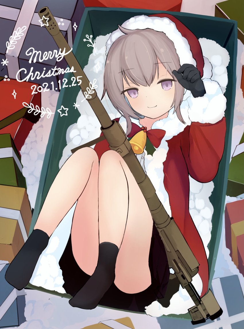 ahoge b6 bell bolt_action bow cheytac_m200 christmas closed_mouth dated english_text gift girls'_frontline gloves gun happy highres m200_(girls'_frontline) miniskirt rifle santa_costume skirt sniper_rifle socks star_(symbol) weapon