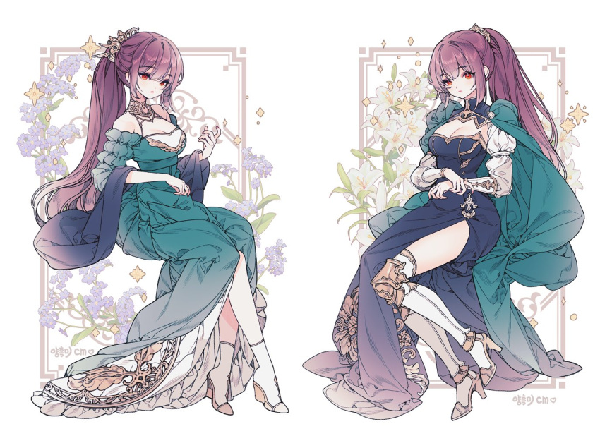 2girls aqua_cape aqua_dress armor bare_shoulders blue_dress blue_flower bracer breasts cape choppy_bangs cleavage dress embroidery fashion flower full_body gradient_dress greaves hair_ornament high_heels juliet_sleeves large_breasts lemon89h lily_(flower) long_sleeves multiple_girls original pink_lips ponytail puffy_sleeves purple_hair red_eyes sidelocks thighhighs white_flower white_footwear white_thighhighs