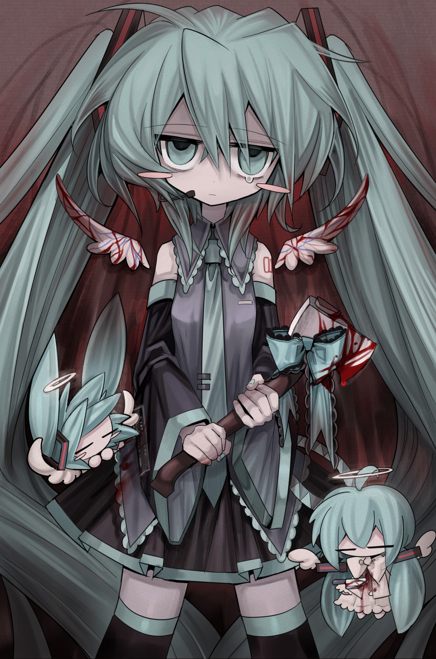 1girl 39 absurdres angel_wings aqua_bow aqua_eyes aqua_hair aqua_nails aqua_necktie axe blood blood_on_axe blood_on_clothes bloody_wings bow chibi chibi_inset closed_eyes cowboy_shot dress expressionless guro halo hatsune_miku headphones highres holding holding_axe knife long_hair meyou_0319 necktie solo stab standing tears very_long_hair vocaloid white_dress wings