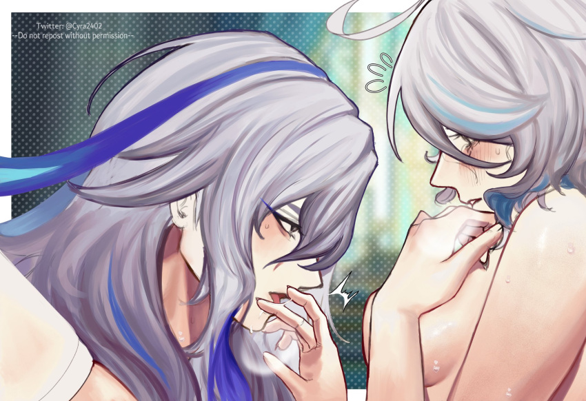 1boy 1girl ahoge artist_name blue_hair blush border breasts couple cyra2402 furina_(genshin_impact) genshin_impact grey_hair hair_between_eyes hetero highres licking licking_finger looking_at_another medium_breasts multicolored_hair neuvillette_(genshin_impact) nude sidelocks streaked_hair surprised sweatdrop two-tone_hair upper_body white_border
