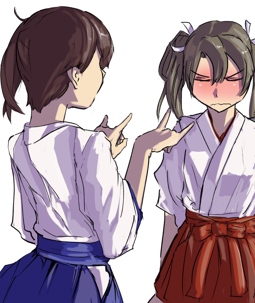 2girls blush brown_hair closed_eyes green_hair hair_ribbon hakama hakama_skirt highres japanese_clothes kaga_(kancolle) kantai_collection long_hair megakura_kinshi multiple_girls ribbon side_ponytail simple_background skirt twintails white_background zuikaku_(kancolle)