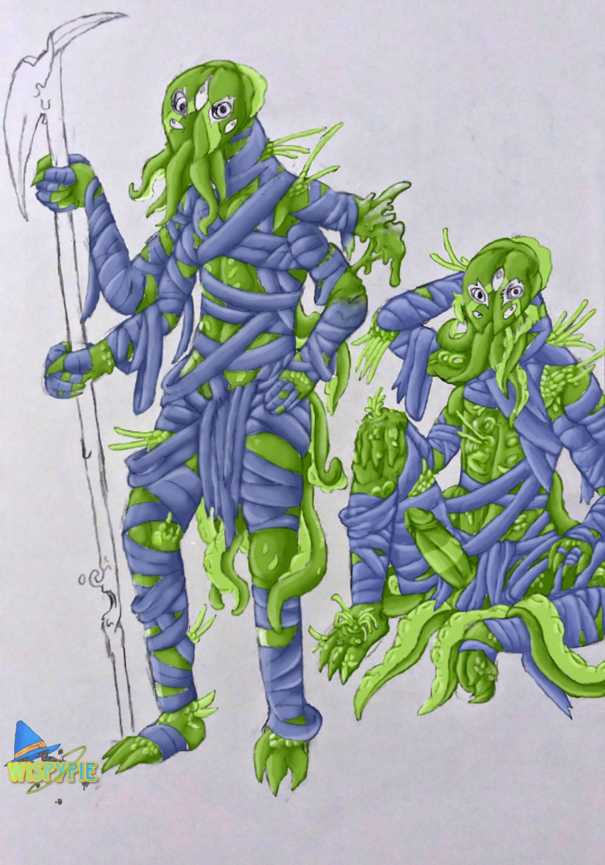 absurd_res animal_humanoid armor bandage bottomwear cephalopod cephalopod_humanoid clothing erection genitals green_body green_skin hand_behind_head hand_on_hip hi_res humanoid living_clothing loincloth looking_at_viewer male marine marine_humanoid markings melee_weapon mollusk mollusk_humanoid multi_arm multi_limb multicolored_body multiple_poses penis polearm pose seductive sitting slime solo standing striped_genitalia striped_penis stripes tentacles two_tone_body unconvincing_armor weapon wispypie