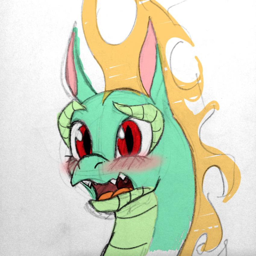 1:1 asian_mythology blush bust_portrait chinese_mythology countershade_scales countershading dragon east_asian_mythology female feral fire flaming_hair flustered green_body green_scales hi_res hybrid longma mixed_media mythology open_mouth pink_inner_ear portrait pseudo_hair pupils redahfuhrerking scales scalie sharp_teeth sketch slit_pupils solo teeth them's_fightin'_herds tianhuo_(tfh) traditional_media_(artwork)