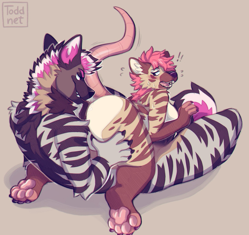 69_position anal anthro balls big_butt bodily_fluids butt claws duo fur genitals hair hi_res hyena licking looking_back male male/male mammal oral pawpads pink_hair raised_tail rimming sex simple_background striped_body striped_fur striped_hyena stripes sweat sweatdrop tail toddnet tongue tongue_out