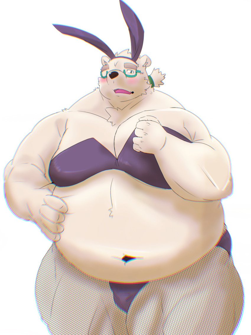 anthro bear belly biceps blush bulge clothing eyewear fake_ears fake_rabbit_ears fishnet fishnet_legwear fur glasses hair hi_res legwear leib_(tas) lifewonders male mammal mtkm_sgkm1101 musclegut navel pecs playboy_bunny playboy_outfit polar_bear ponytail solo thong tokyo_afterschool_summoners underwear ursine white_body white_fur