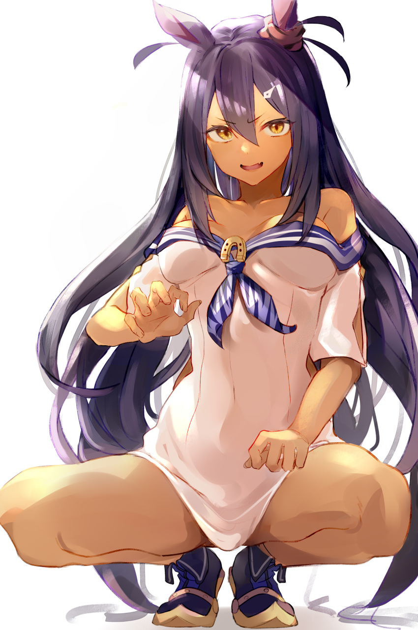 1girl absurdres animal_ears animal_print bare_shoulders black_hair blue_footwear blue_neckerchief boots breasts commentary_request dark-skinned_female dark_skin dogxfish ear_scrunchie fold-over_boots hair_between_eyes hair_ornament hairclip highres hishi_amazon_(umamusume) horse_ears horse_girl horse_tail large_breasts long_hair looking_at_viewer neckerchief off-shoulder_shirt off_shoulder open_mouth red_eyes shirt simple_background smile solo squatting tail tiger_print umamusume white_background white_shirt