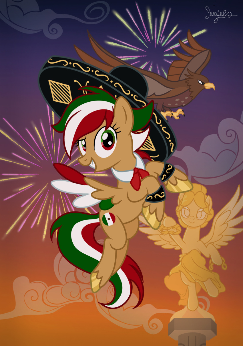 accipitrid accipitriform ambiguous_gender angel_de_la_independencia avian bird chain clothing cloud cloudy_sky duo eagle equid equine fan_character female fireworks friendship_is_magic green_hair hair hasbro hat headgear headwear hi_res horse mammal mexican mexican_flag mexico multicolored_hair my_little_pony pegasus pony red_hair shungire sombrero wings