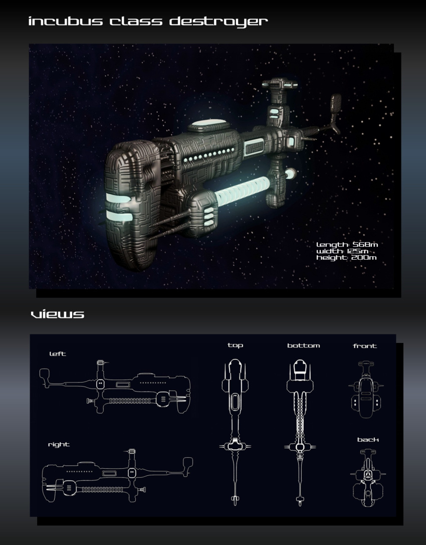 3d commentary concept_art destroyer_(eve_online) eve_online glowing highres military_vehicle multiple_views no_humans original outdoors reference_sheet science_fiction sky space spacecraft star_(sky) starry_sky tactical_destroyer_(eve_online) tech_3_ship_(eve_online) toneloperu vehicle_focus