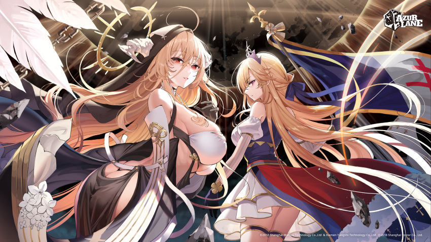 2girls ass azur_lane bare_shoulders blonde_hair breasts closed_mouth feathers flag floating_hair flower from_behind hair_between_eyes halo highres holding holding_flag horns implacable_(azur_lane) large_breasts looking_at_viewer looking_back multiple_girls nun official_art okuma_mai parted_lips red_eyes revealing_clothes richelieu_(azur_lane) smile standing thigh_strap white_flower