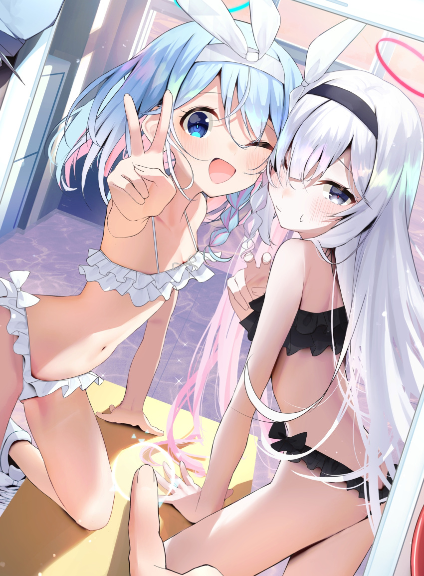 2girls ;) ;d a.r.o.n.a_(blue_archive) arm_up arona_(blue_archive) bare_legs bikini black_bikini black_hairband blue_archive blue_eyes blue_hair blush braid breasts cheek-to-cheek classroom desk face-to-face frilled_bikini frills hair_over_one_eye hair_ribbon hairband halo hand_on_table hand_up happy heads_together highres indoors leaning_forward leaning_on_object long_hair looking_at_viewer medium_hair multicolored_hair multiple_girls navel nidaime_(doronbo) on_table one_eye_closed pink_hair ribbon single_braid small_breasts smile swimsuit table tablet_pc two-tone_hair v very_long_hair white_bikini white_hair white_hairband white_ribbon