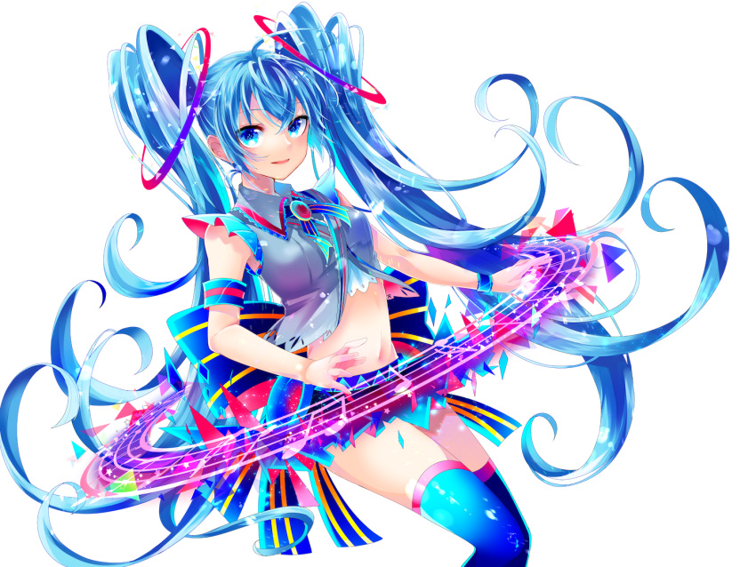 1girl armband blue_hair blue_skirt blue_thighhighs collared_shirt crop_top feet_out_of_frame grey_shirt hatsune_miku long_hair looking_at_viewer navel neck_ribbon pleated_skirt ribbon shirayuki_towa shirt skirt sleeveless sleeveless_shirt smile solo striped striped_ribbon thighhighs twintails very_long_hair vocaloid white_background
