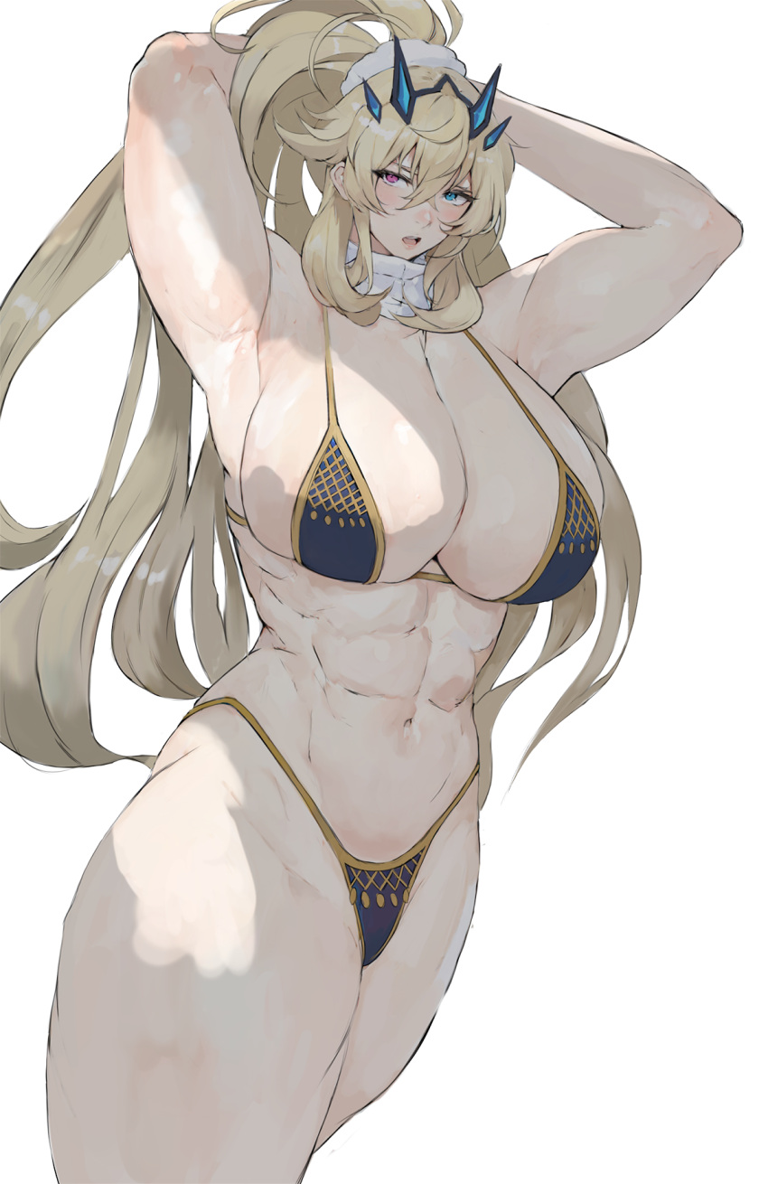 1girl abs armpits arms_behind_head arms_up bare_shoulders barghest_(fate) barghest_(ice_warrior)_(fate) biceps bikini black_bikini blonde_hair blue_eyes blush breasts cleavage fate/grand_order fate_(series) hair_ornament hair_scrunchie heterochromia high_ponytail highleg highleg_bikini highres horns large_breasts long_hair looking_at_viewer memory342 muscular muscular_female navel open_mouth red_eyes scarf scrunchie sidelocks solo swimsuit thick_thighs thighs white_background white_scarf