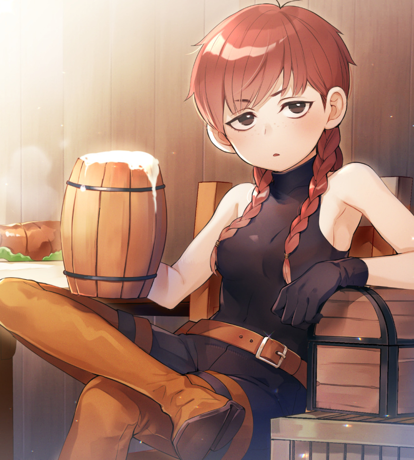 armpits bare_shoulders beer_mug belt black_eyes black_gloves boots braid breasts brown_footwear crossed_legs cup dungeon_meshi e_(eokiba) food gloves highres mayjack_(dungeon_meshi) mug parted_lips red_hair sitting sleeveless sleeveless_turtleneck small_breasts thigh_boots treasure_chest turtleneck twin_braids