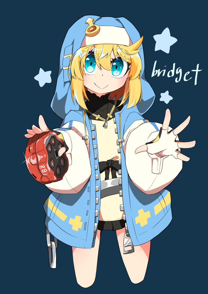 1boy absurdres aqua_eyes black_gloves blonde_hair blush bridget_(guilty_gear) character_name cuffs fingerless_gloves gloves guilty_gear guilty_gear_strive habit handcuffs highres hood hood_up hooded_jacket hoodie jacket looking_at_viewer male_focus mars_symbol medium_hair open_clothes open_hoodie otoko_no_ko smile star_(symbol) user_nxez4578 yo-yo