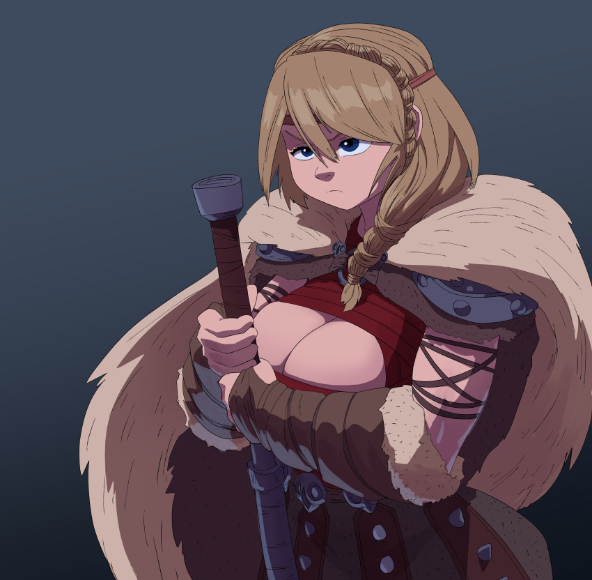 1girl absurdres astrid_hofferson blonde_hair blue_eyes braid breasts cleavage cloak fur-trimmed_cloak fur_trim gauntlets highres holding holding_weapon how_to_train_your_dragon huge_breasts inker_comics medium_hair simple_background solo upper_body weapon