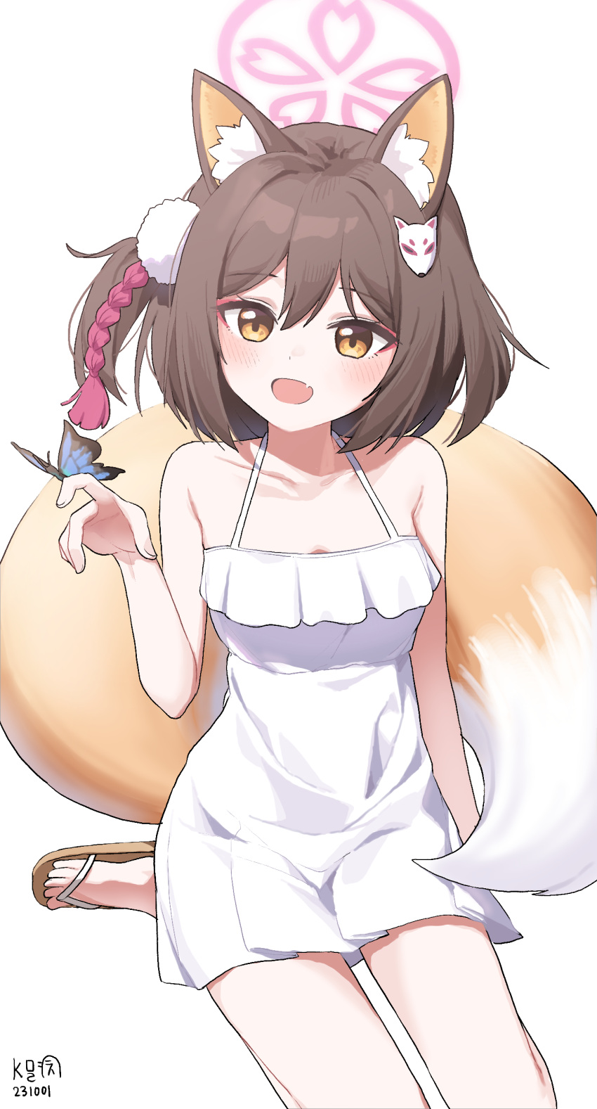 1girl absurdres alternate_costume animal_ear_fluff animal_ears bare_arms bare_shoulders blue_archive blush breasts brown_hair dress eyeshadow fang flip-flops fox_ears fox_girl fox_hair_ornament fox_tail hair_ornament halo hand_up highres izuna_(blue_archive) looking_at_viewer makeup myeolchi off-shoulder_dress off_shoulder open_mouth pink_eyeshadow pom_pom_(clothes) pom_pom_hair_ornament revision sandals short_hair sleeveless sleeveless_dress small_breasts smile solo sundress tail white_background white_dress yellow_eyes