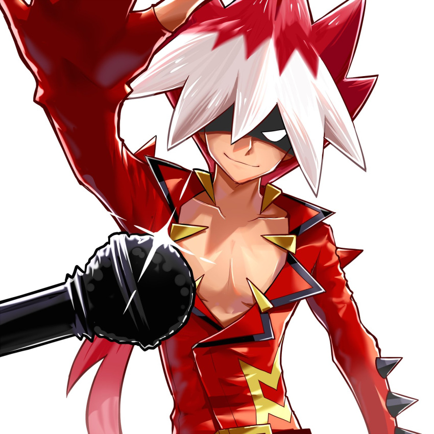 1boy closed_mouth commentary eye_mask ffccll highres jacket male_focus microphone multicolored_hair outstretched_arm pectorals pokemon pokemon_sm red_hair red_jacket ryuki_(pokemon) simple_background smile solo spiked_hair two-tone_hair upper_body white_background white_hair